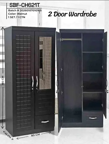 Walnut 2-Door Wardrobe with Mirror and Drawers