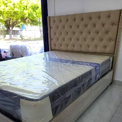 Queen size upholstered bed frame  - beige tufted headboard