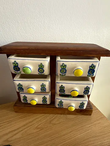 Small Wooden Jewelry, spices Rack with 6 Ceramic Drawers
