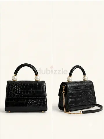 Black Croc-Embossed Mini Handbag with Pearl Handle and Chain Strap