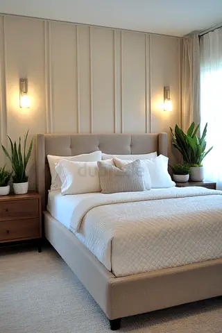 Upholstered queen bed with headboard — neutral beige, excellent condition