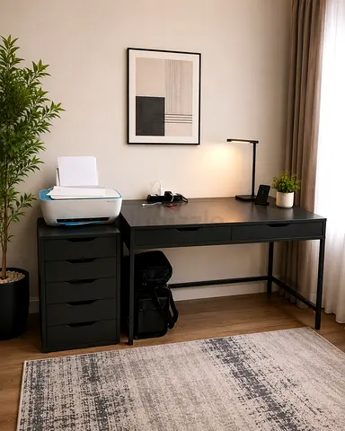Modern Black Study Desk with Matching 5-Drawer Cabinet