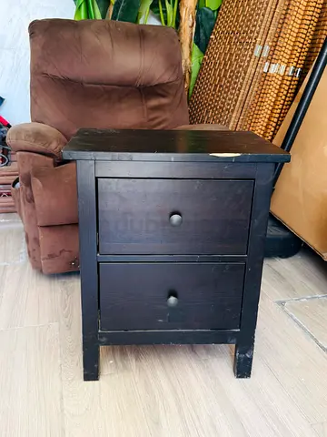 Used dark wood two-drawer bedside table / nightstand - worn finish
