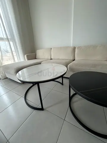 Set of 2 Round Nesting Coffee Tables with Marble Top and Black Metal Frame