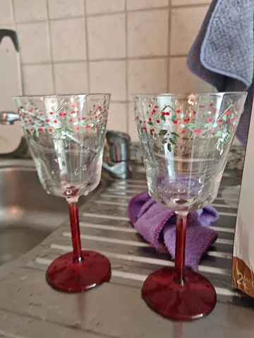Pair of Hand-Painted Red Stem Wine Glasses
