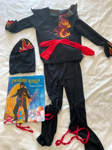 Kids Black Dragon Ninja Costume with Hood and Sash - Size Small (7-10 years)