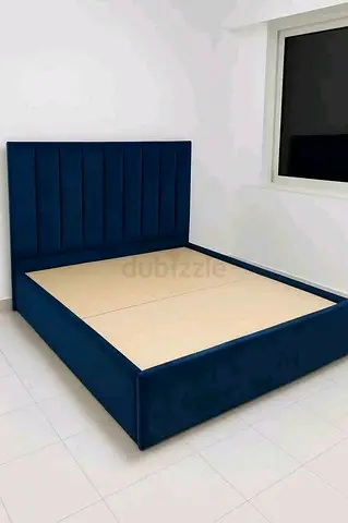Blue Upholstered Platform Bed with Padded Headboard - Queen
