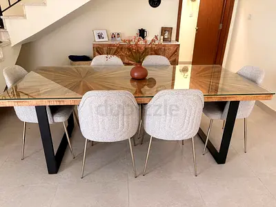 Solid wood dining table with 8 upholstered chairs - modern set with 8 mm tempered glass