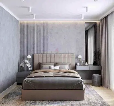 Modern Grey Double Bed with Padded Vertical Tufted Headboard