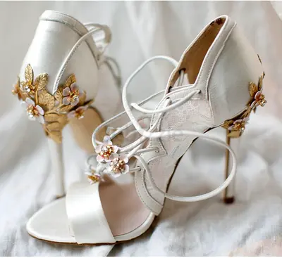 Authentic custom-made Harriet Wilde ivory satin bridal lace-up heels with gold floral embellishment