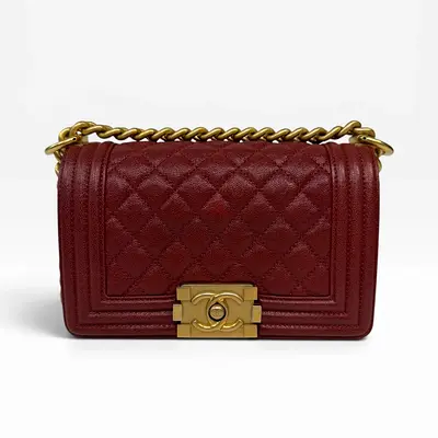 AUTHENTIC CHANEL SMALL LE BOY BAG IN BURGUNDY CAVIAR LEATHER WITH AGED GOLD HARDWARE