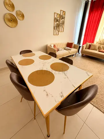 Marble-Top Dining Table with 6 Velvet Chairs - Modern Set