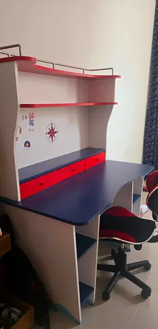 Kids study desk with hutch and two chairs - blue  red