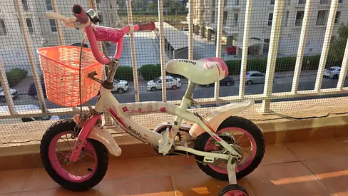 Kids 12-inch Pink White Bicycle with Training Wheels and Basket