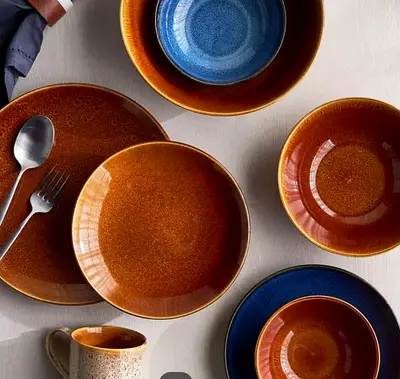 22-Piece Modern Ceramic Plates and Bowls - Blue  Amber Colour