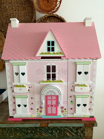 Wooden Pink Dollhouse with Furniture - Good Condition