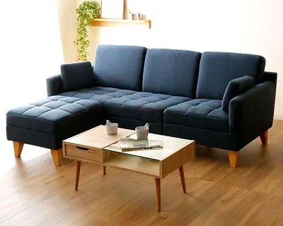 Modern Blue Fabric L-Shape Sectional Sofa with Wooden Legs