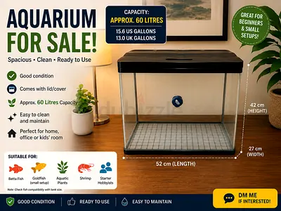60L Aquarium Tank with Lid - Good Condition, Ready to Use