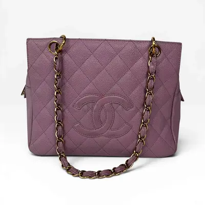 AUTHENTIC CHANEL PETITE TIMELESS TOTE IN LILAC CAVIAR LEATHER WITH GOLD HARDWARE