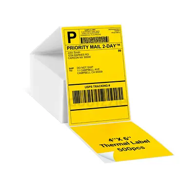 4 x 6 Direct Thermal Shipping Labels – Fan-Fold, Yellow, 500 Labels