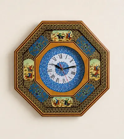Handmade Persian Octagonal Wall Clock with Minakari and Miniature Art