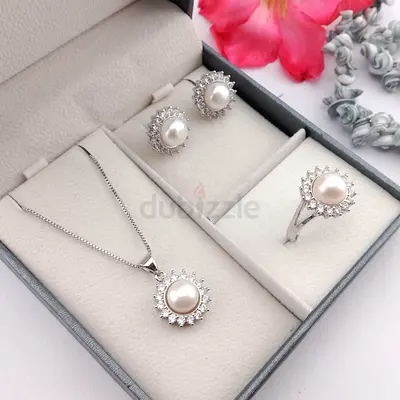 Pearl and Cubic Zirconia Jewelry Set — Necklace, Ring  Earrings (Like New)