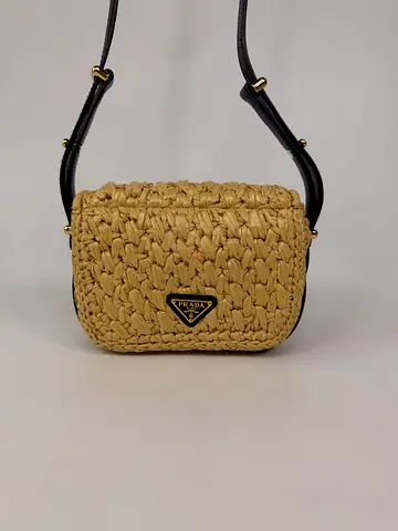 AUTHENTIC PRADA SMALL LOGO SHOULDER BAG IN NATURAL RAFFIA WITH GOLD HARDWARE