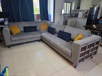 THE HOME Grey L-shaped Fabric Corner Sofa with Wooden Inlay Arms (brand new SRP: AED5,000+)