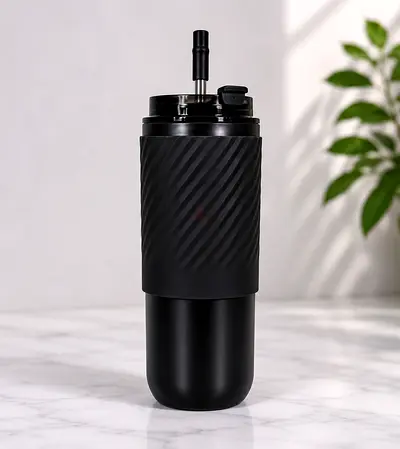 Insulated Black Travel Water Bottle / Thermos with Straw Lid