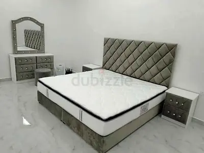New Grey Velvet King Size Bed with Headboard, Mattress and Dresser Set and Comfortable Mattress