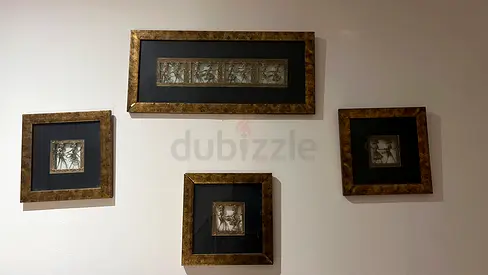 Set of 4 Framed Decorative Wall Art Panels with Gold Trim