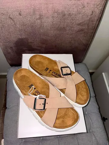 Beige Suede Cross-Strap Slide Sandals with Buckles (Women’s)
