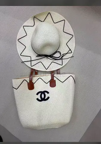 Chanel White straw sun hat and matching tote bag set with black trim