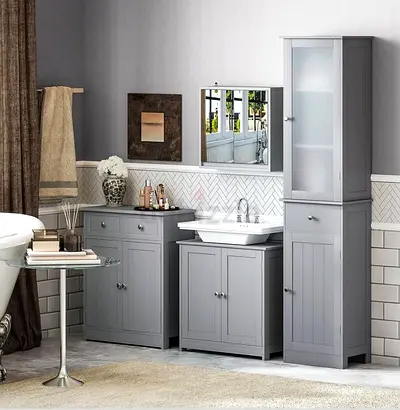 2 x Compact Bathroom Sink Cabinet with Storage - Grey Vanity Unit