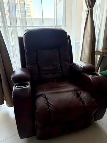 Used Dark Brown Leather Recliner Armchair with Cup Holders