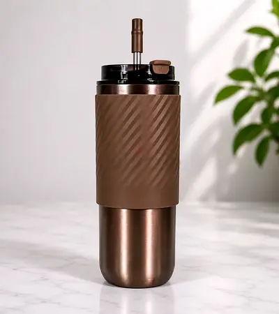 Brown insulated water bottle / travel tumbler with straw lid