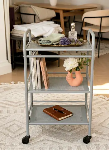 Compact Gray Metal Rolling Trolley / Side Cart - 3 Tier