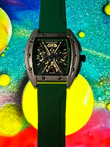 Richard Mille style skeleton dial mens watch with green rubber strap