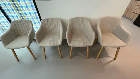 Set of Dining table with 4 Beige Fabric Dining Chairs with Wooden Legs - Good Condition