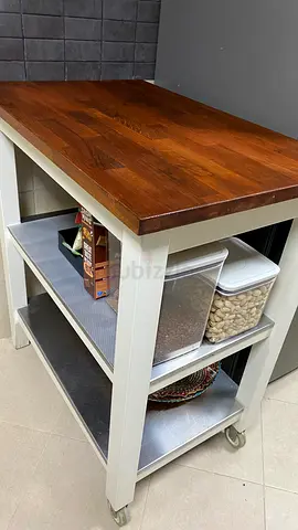 Solid Wood Top Kitchen Island Trolley on Wheels - White Frame