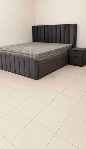 Gray Upholstered Bed Frame with Headboard and Mattress - Double