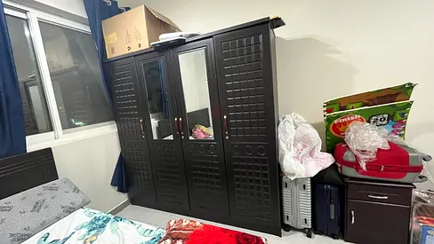 Used dark brown 4-door wardrobe with mirror - sturdy storage