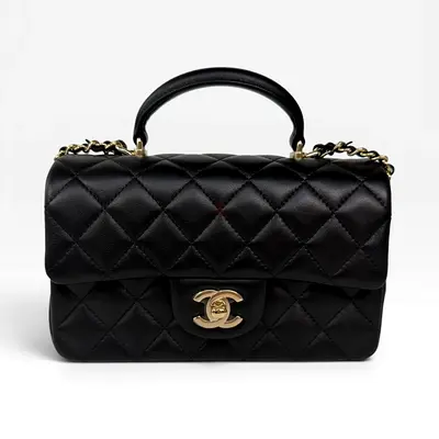 AUTHENTIC CHANEL MINI RECTANGLE TOP HANDLE IN BLACK LAMBSKIN LEATHER WITH PALE GOLD HARDWARE