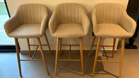 Set of 3 Beige Upholstered Bar Stools with Wooden Legs