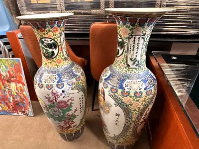 Pair of Large Chinese Porcelain Floor Vases - Floral Figurative Panels
