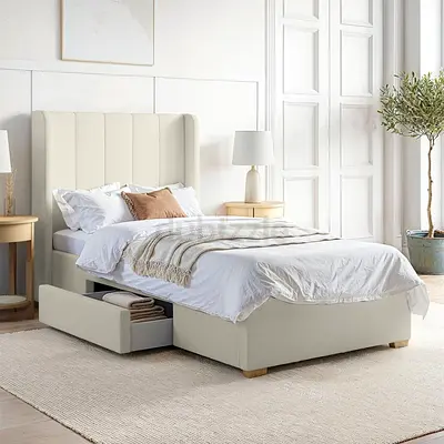 Beige Upholstered Storage Bed with Headboard - Single