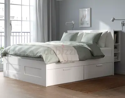 BRIMNES Bed frame w storage and headboard, white/Luröy, 160x200 cm