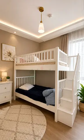 Modern White Wooden Bunk Bed with Stairs