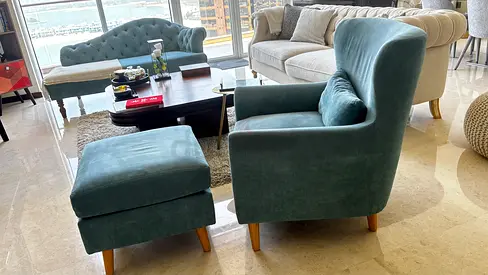 Beige 3seat sofa+Teal Wingback+Armchair with Ottoman - Good Condition