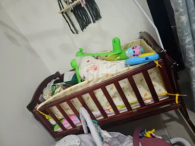 Wooden Baby Crib with Bedding - Good Condition